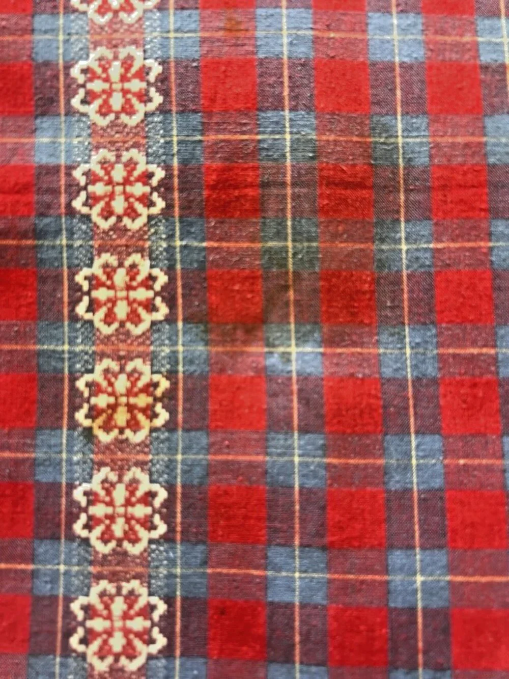 Vintage Tablecloth Red Blue Yellow 50” X 54” Checked Flower Table Linens Retro